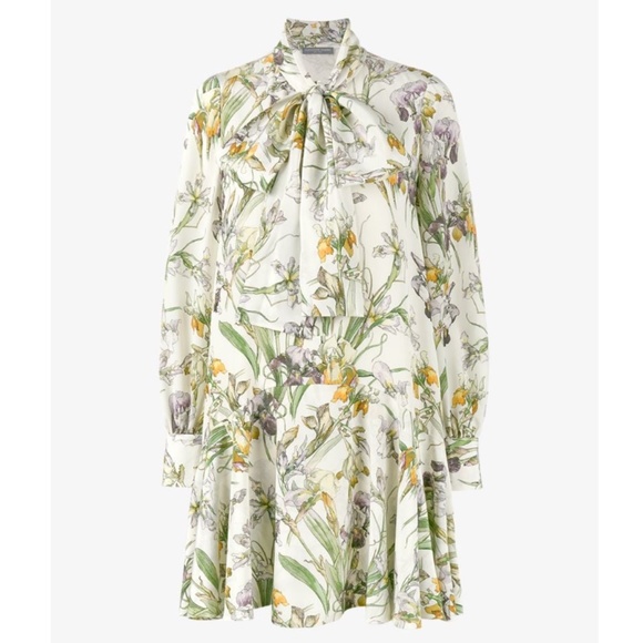 Alexander McQueen 2017 Wild Iris Print Long Sleeve Neck-Tie Mini Dress sz 40 - Picture 1 of 7